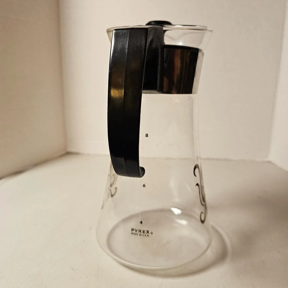 Vintage Pyrex 8 Cup Glass Carafe Coffee Server Black Scroll Medallion MCM USA